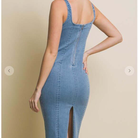 288.Slit Back Denim Dress With Spaghetti Strap - Picture 2 of 3